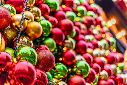 Colourful Christmas baubles red green gold decorative ornaments