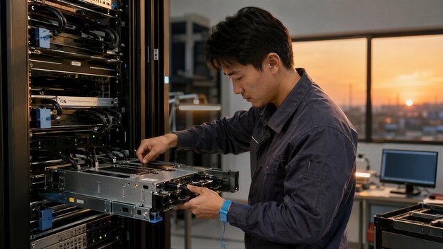 Technician Installing Server in Data Center Rack at Sunset