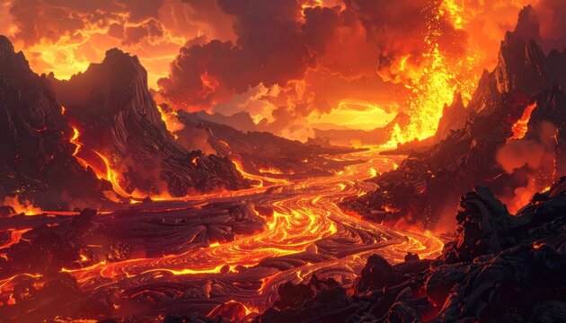Volcanic landscape with flowing lava and fiery sky.