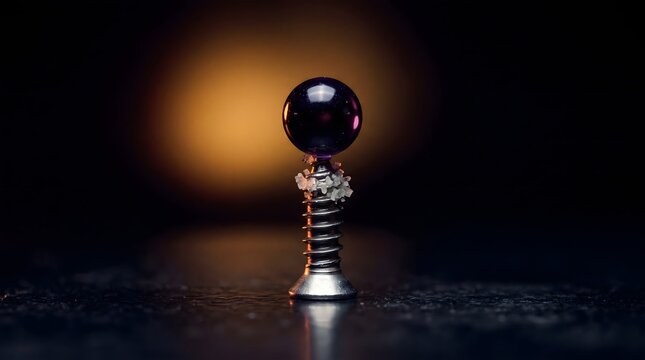 Abstract macro close up of a dark glass orb perfectly balanced on an inverted metal screw with small crystals against a glowing background