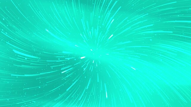 Technology takes visual form through turquoise particles drifting across a basic plain background, surrounded by green dust, abstract texture, and precise geometric light