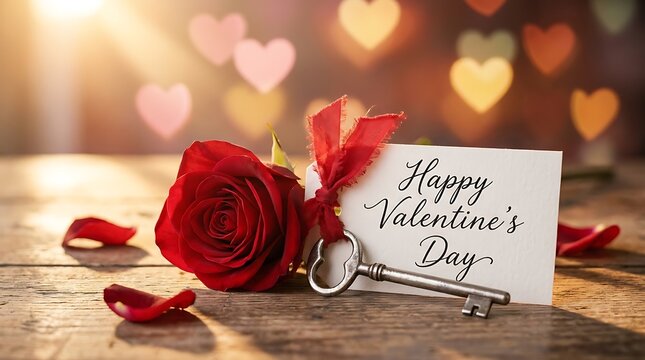 Beautiful red rose flower with vintage key and handwritten greeting card on wooden table background with bokeh hearts