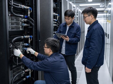 Technicians Performing Maintenance on Server Racks in a Data Center