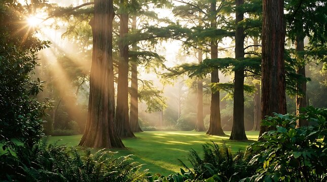 Sunlight filtering through tall cedar trees in a peaceful forest glade with lush green grass and morning fog