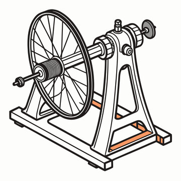 Industrial metal winding machine with a large spoked wheel and a sturdy base, depicted as a technical line on white background