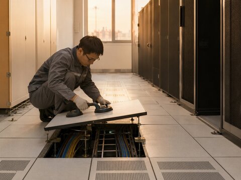 Technician Inspecting Network Cables Under Server Room Floor