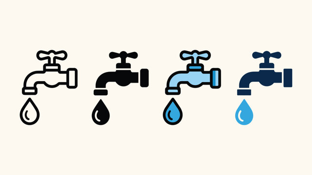 Water faucet with dripping drop vector icon illustration set, showcasing both outline and filled versions in black and blue for various design needs.
