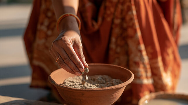 A Bengali woman in traditional dress pressing three seeds into a clay pot filled with river silt on her homestead veranda, subsistence kitchen garden, traditional farming