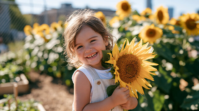 A child with gap teeth grins proudly while holding a giant sunflower with a seedhead nearly as wide as her face in a community garden plot, rows of tall sunflowers extending