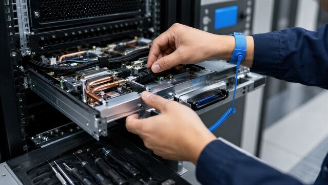 Technician Installing Server Hardware in Data Center Rack