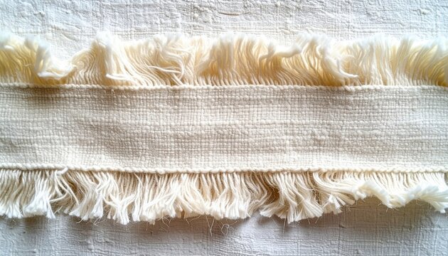 Cream woven fabric strip with frayed edges showing natural textile texture