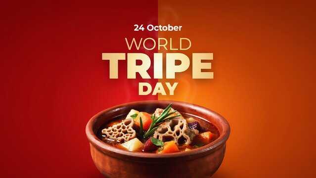 World tripe day banner with a bowl of delicious tripe soup on a warm red background