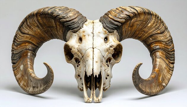 Ram skull with large curved horns and natural bone texture