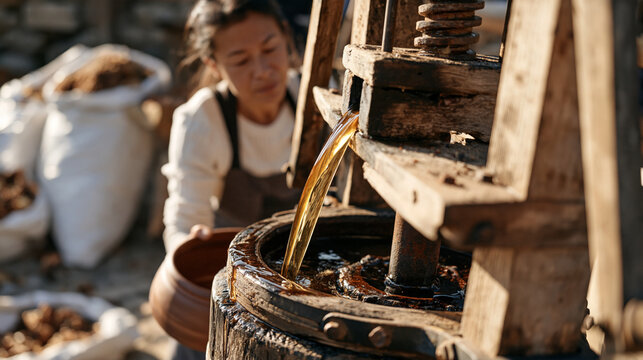 Weathered wooden apple cider press with golden juice streaming from the spout into a clay vessel, a middle aged woman collecting the flow while bags of crushed pomace wait nearby