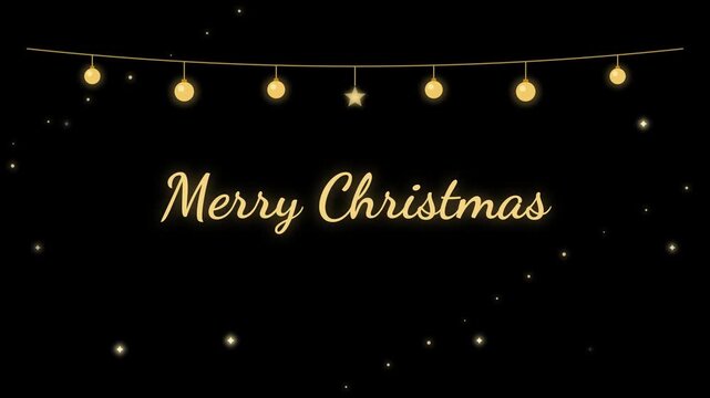 Golden "Merry Christmas" text with fairy lights and sparkling dots on a black background, festive holiday greeting.