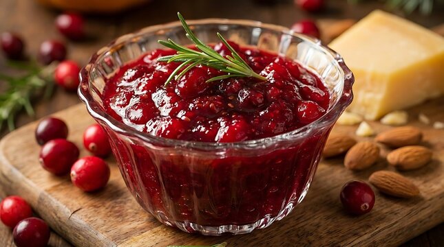 Homemade cranberry sauce in a glass bowl with fresh rosemary garnish