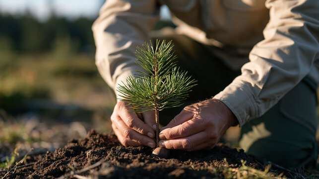 A Slovak forester kneeling beside a fresh pine sapling emerging from a seed on a reforested hillside at golden hour, reforestation effort, woodland restoration ecology, carbon