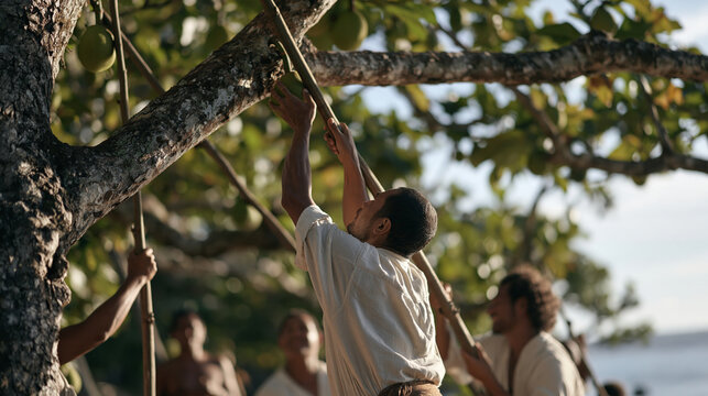 Samoan community harvesting breadfruit from tall trees using long wooden poles, coastal village setting, traditional Pacific Island food forest agricultural practice, tropical