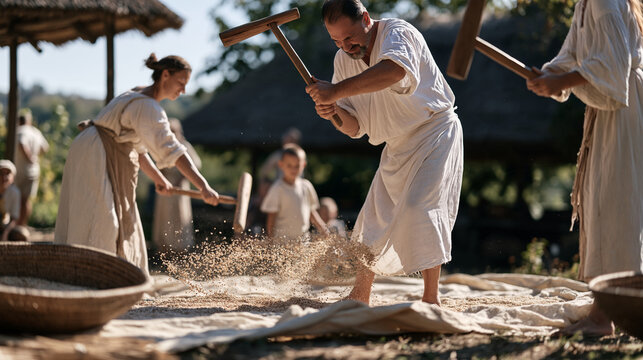 Ukrainian family threshing buckwheat on a cloth spread in an open yard, wooden flails raised, grain cloud in air, traditional autumn processing heritage rural lifestyle Eastern