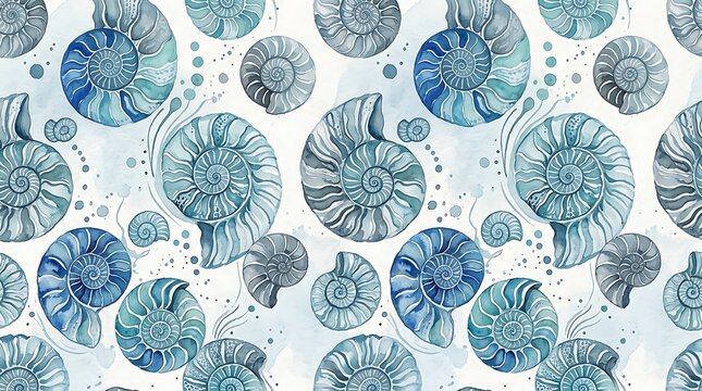 Seamless pattern with blue and green fossil ammonite shells arranged in a decorative artistic summer wallpaper design