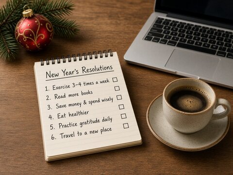 New Year's resolutions list on a wooden table with coffee and laptop  