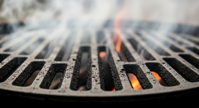 Glowing Charcoal Beneath a Metal Barbecue Grill