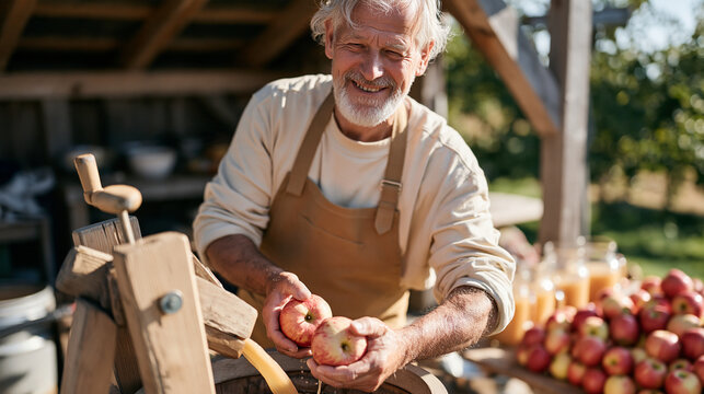 A retiree carefully pressing freshly harvested apples through a hand cranked cider press in a garden shed, amber juice flowing into glass jugs, autumn hobby lifestyle homesteading