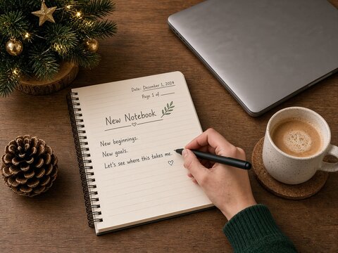 Person writing in a notebook with a cup of coffee on a wooden table  