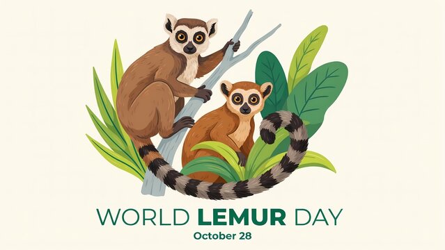 Two cute ring tailed lemurs sitting on a tree branch for world lemur day celebration design