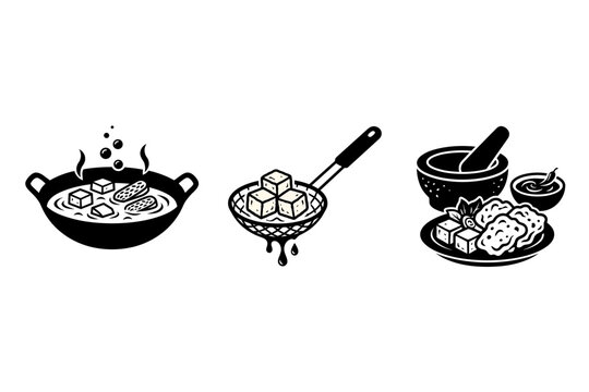 Deep frying wok slotted skimmer spoon and fried tofu tempeh icons   