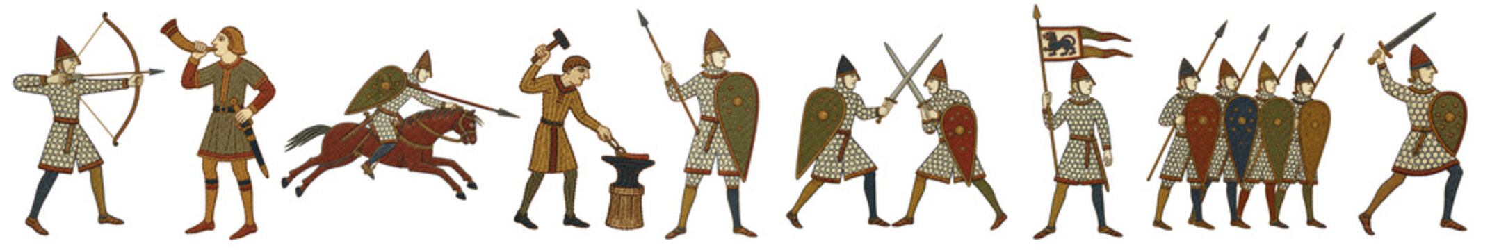 Norman conquest warfare and the battle of 1066. Bayeux Tapestry style archer, horn blower, blacksmith at his anvil, sword duel and shield wall
