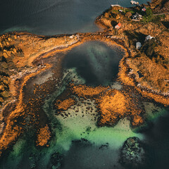 Vertical aerial top down view of turquoise clear water lagoon and autumn coast in northern Norway with copy space in ocean © Quality by Simon