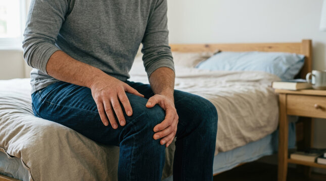 Man knee pain knee injury joint pain leg pain male sitting bedroom home casual clothing health problem man sitting bed casual clothing holding painful knee cozy bedroom, concept of joint pain