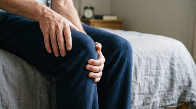 Knee pain leg ache joint problem senior man sitting bed home bedroom chronic pain arthritis concept health care injury discomfort Persistent knee pain leg ache joint problem senior man sitting bed
