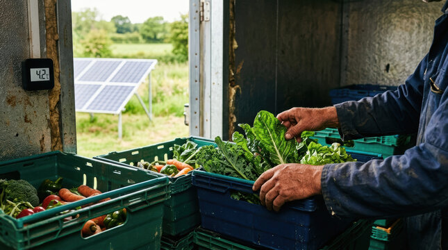 Farmer hand vegetable crate harvest organic solar panel field storage sustainable farm worker hand sorting fresh organic vegetable in crate near solar panel field inside cold storage unit