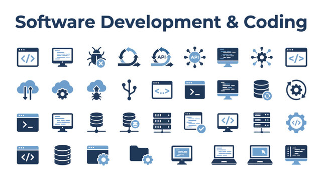 Set of blue software development and programming icons for web and mobile apps