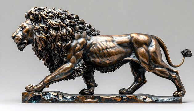 Bronze lion statue walking in side view with metallic sculptural texture