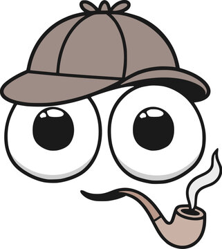 Funny detective character with big eyes, Victorian hat, smoking pipe, investigating mystery.