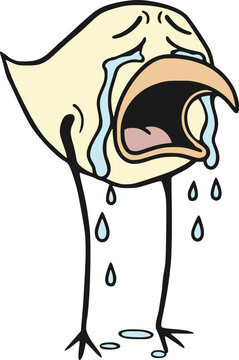 Funny unusual yellow chicken crying with tears, creating a quirky and emotional cartoon character.