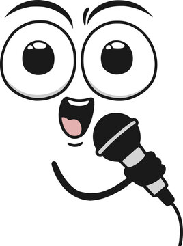 Funny character with big eyes happily singing into a microphone during a joyful performance.