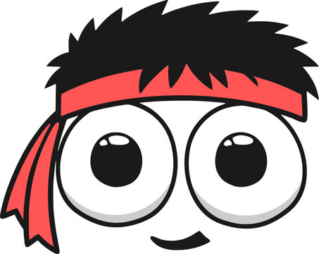 Funny comic vector character with huge eyes wearing a red athletic headband for sports activities.
