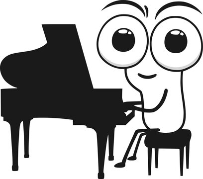 Funny bigeyed cartoon character happily playing piano in a playful musical performance.