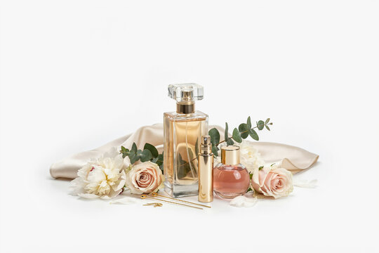 Elegant perfume bottle with floral arrangement