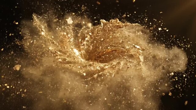 Explosive Gold Dust Vortex: A dramatic swirling vortex of golden dust erupts, creating a dynamic and energetic visual spectacle with particles scattering outwards.