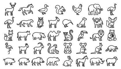 Obraz premium Mammals and wild animals thin line icon set featuring zoo creatures farm livestock birds and exotic wildlife for graphic design