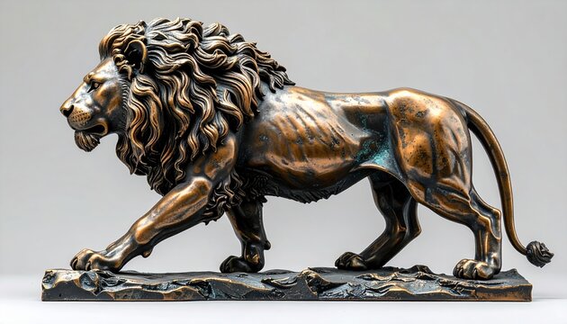 Bronze lion statue walking in side view with metallic sculptural texture