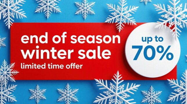 Winter sale announcement poster with snowflakes. Red banner states end of season winter sale limited time offer up to 70 percent discount on blue background.