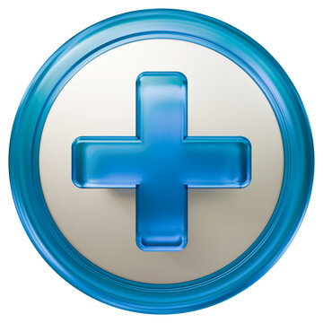 Blue glass plus symbol inside a circular frame for medical and positive concepts. 3D glass icon isolated on background. Suitable for healthcare, technology, interfaces and modern designs.