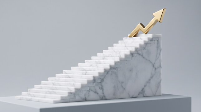 A climbing financial line graph made of stacked white marble stairs representing the solid luxurious ascent of corporate wealth investment.