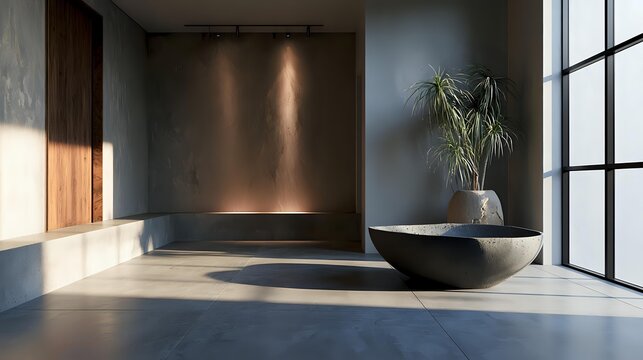Premium architectural composition combining polished concrete microcement handcrafted plaster exposed aggregates and elegant natural lighting creating sophisticated commercial branding background